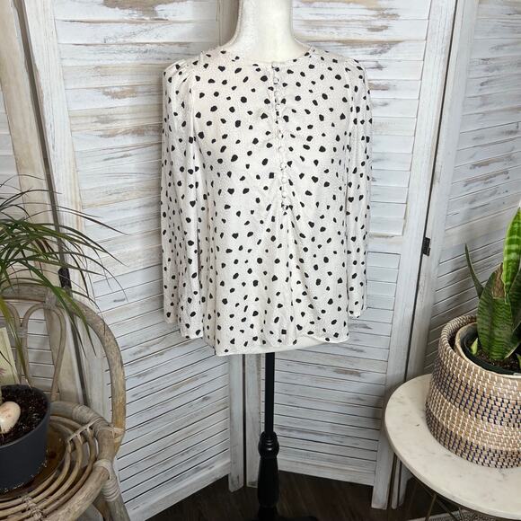 REBECCA TAYLOR 6 Spotted Animal Print Silk Top Button Placket Bell Sleeve White - Picture 3 of 14